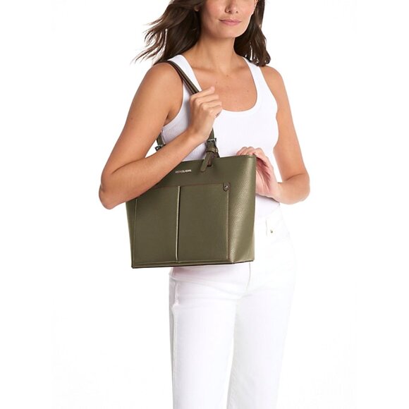New Michael Kors Jet Set Travel Medium Double Pocket Tote Olive - Picture 2 of 5